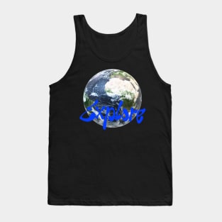 Explore Earth: Streetwear Design with Playful Blue Typography Tank Top